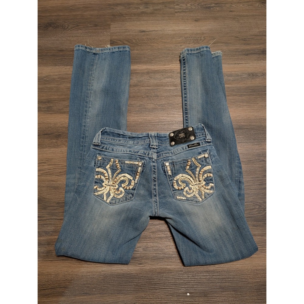 Miss Me JE8013BZ Bootcut Jeans Size 27 Medium Wash Fleur De Lis Rhinestone Y2K